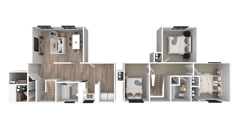 a 3d floor plan of a bedroom with a bathroom and a living room